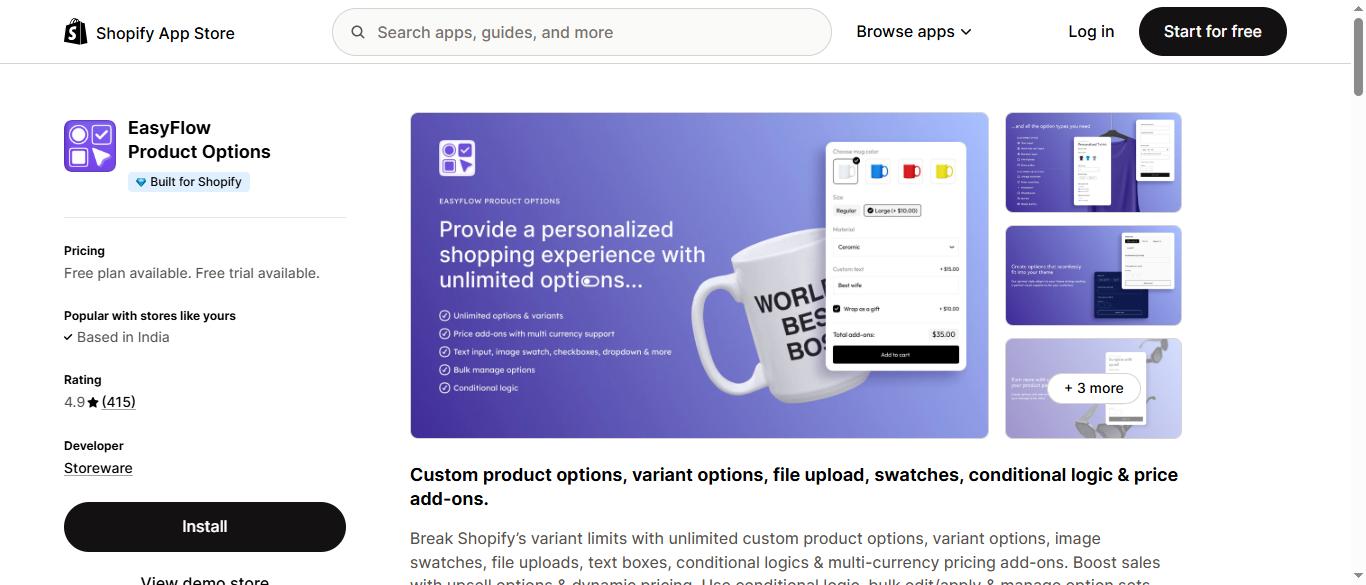 EasyFlow Product Options Shopify App Store listing