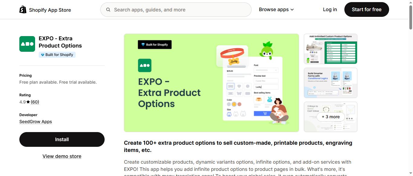 EXPO Extra Product Options Shopify App Store listing