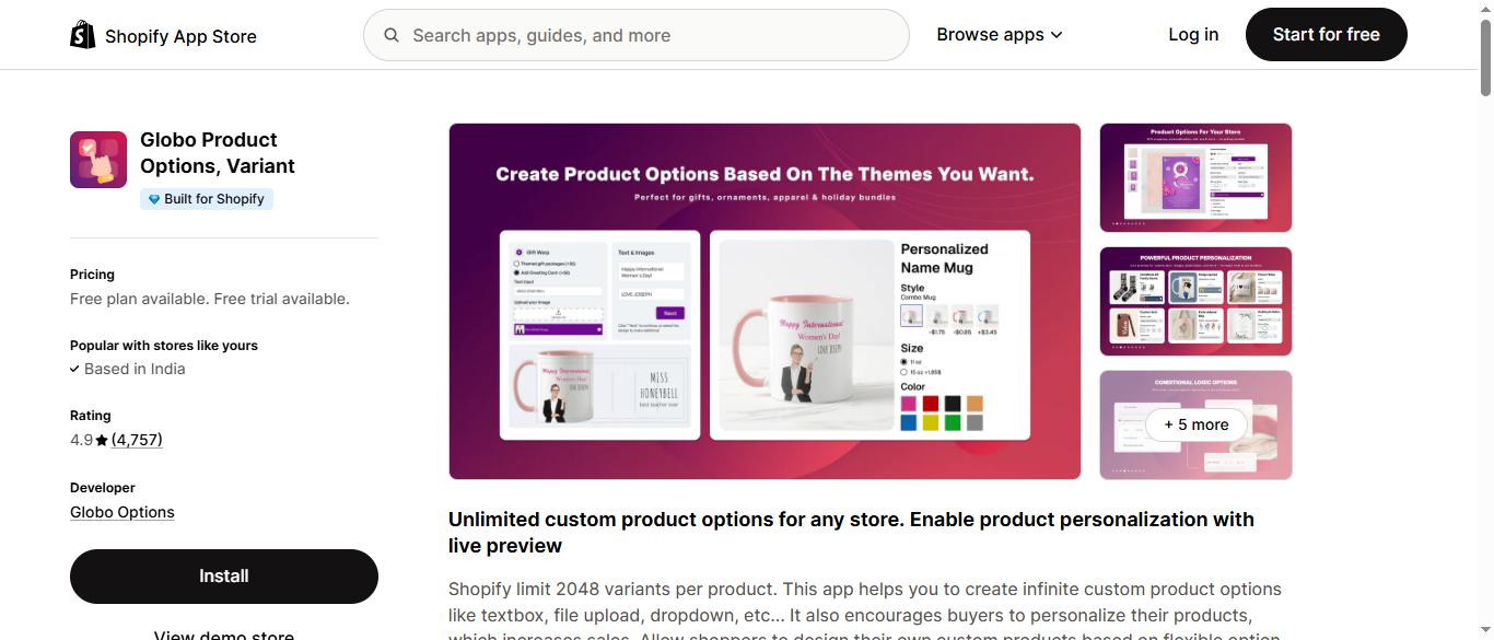 Globo Product Options Variant Shopify App Store listing