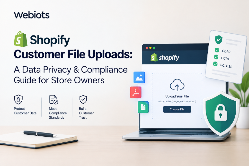 Shopify customer file uploads and data privacy compliance guide showing secure file upload, customer data protection, and compliance standards.