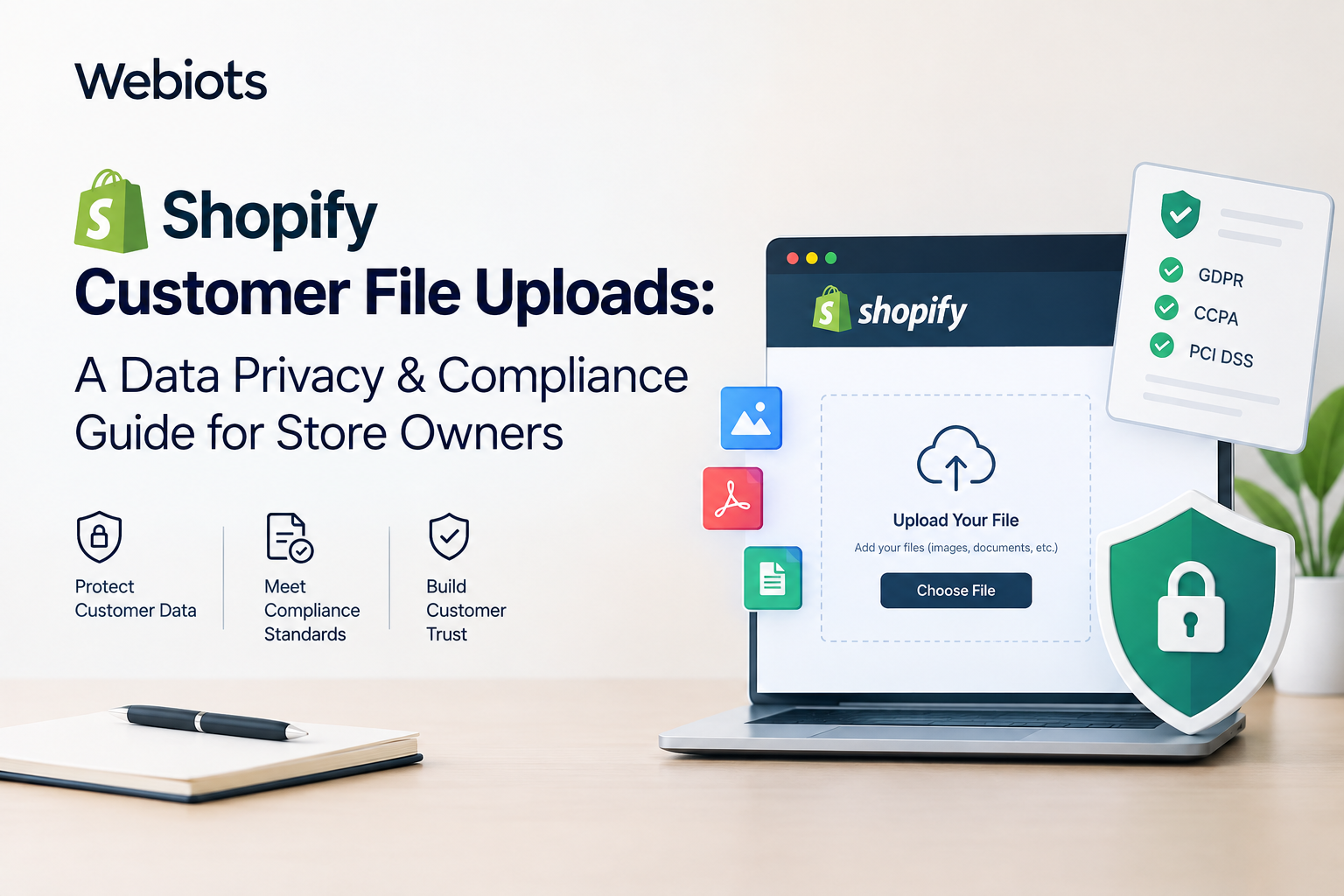 Shopify customer file uploads and data privacy compliance guide showing secure file upload, customer data protection, and compliance standards.